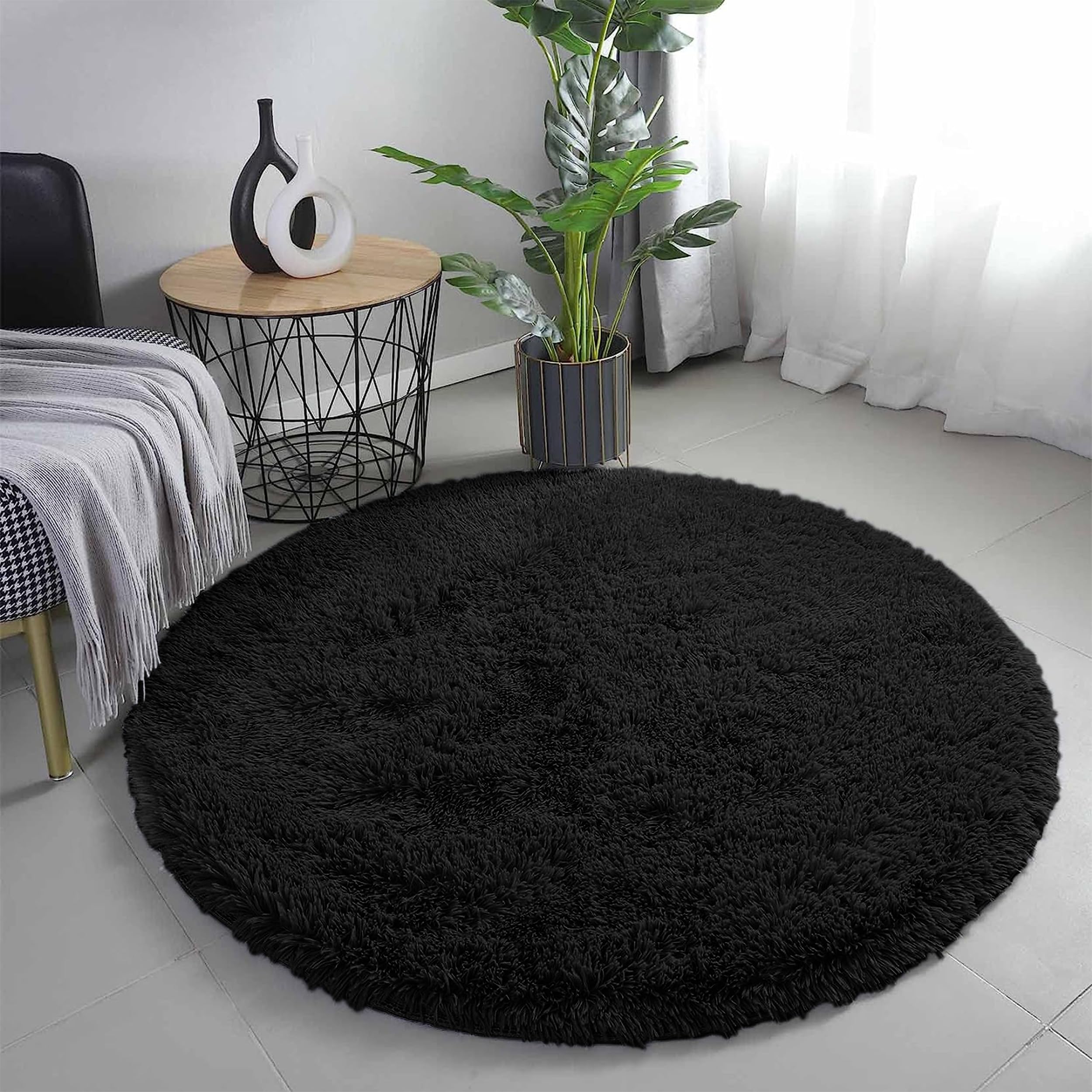 Aspire Homeware Round Rugs Living Room, Black Area Rugs 120x120cm for Bedroom Anti Slip