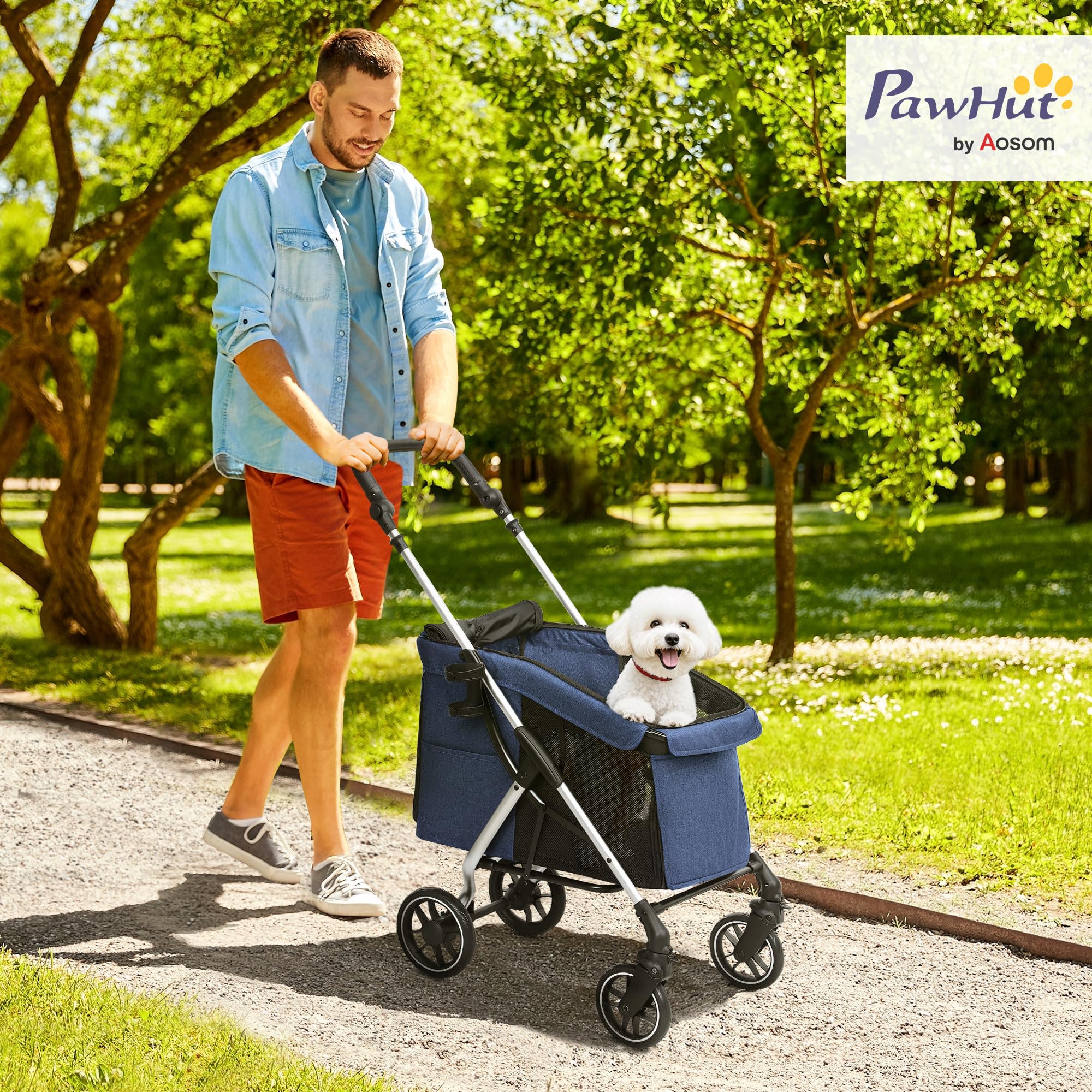 PawHut Hundewagen leicht Hundebuggy aus Aluminium klappbar für Hunde & Katzen Katzenbuggy mit Kissen Netzfenstern Türen Aufbewahrungskorb Katzenwagen Mini-Hundewagen für kleine Hunde Dunkelblau