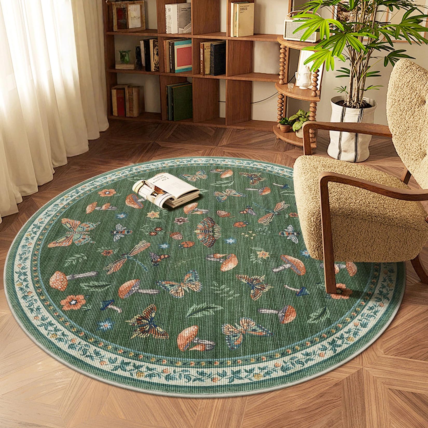 CAROMIO Mushroom Butterfly Round Rug for Bedroom 120 cm Grass Green