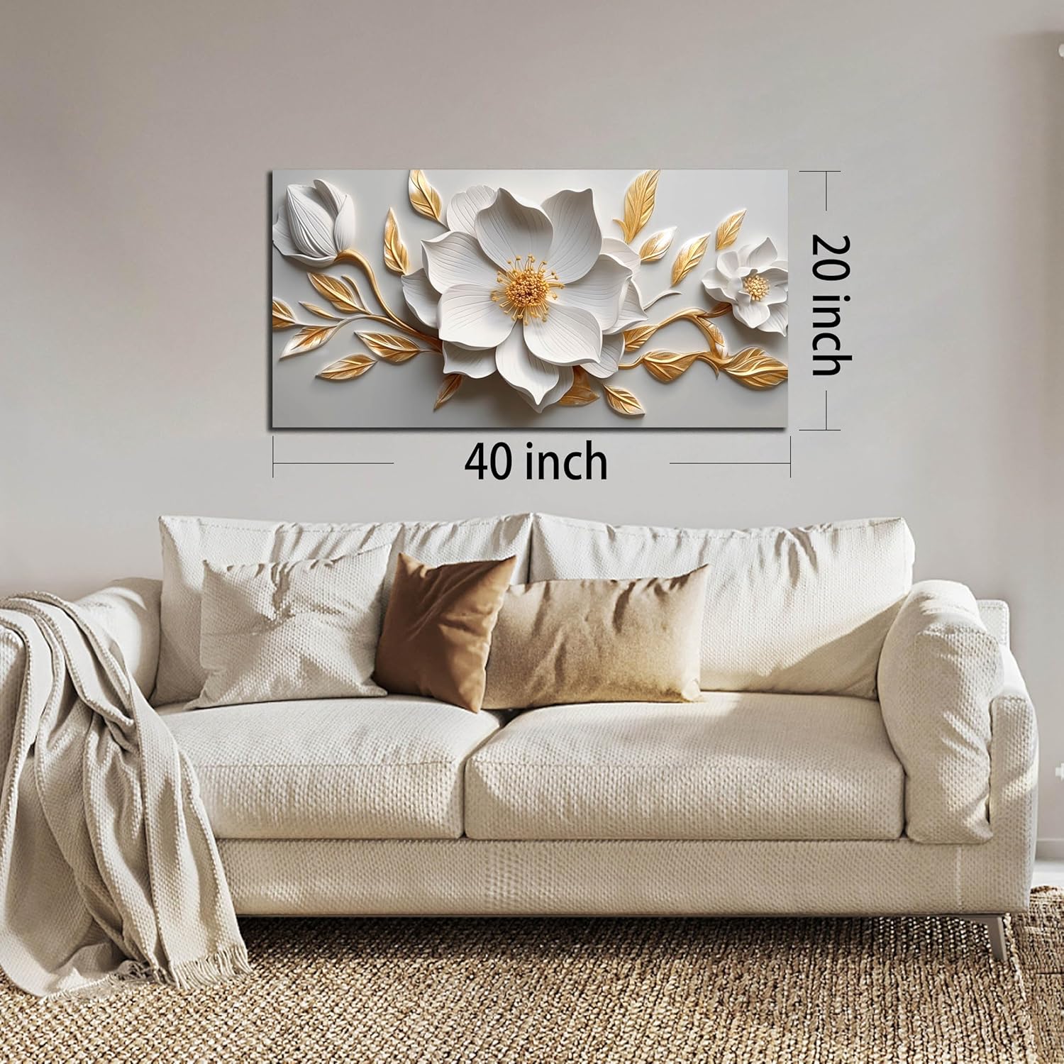 Canvas Wall Art for Living Room Bedroom Office White and Gold Flower Artwork Large Botanical Floral Wall Art Framed Wall Decor Modern Canvas Prints 20x40 In - Image 5