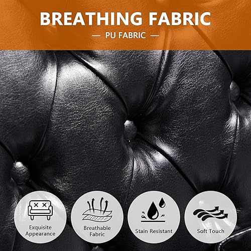 Vista 4 de LEVNARY Chesterfield - Silla tapizada de cuero, sofá tapizado con respaldo alto, sillón moderno de mediados de siglo con patas de madera maciza