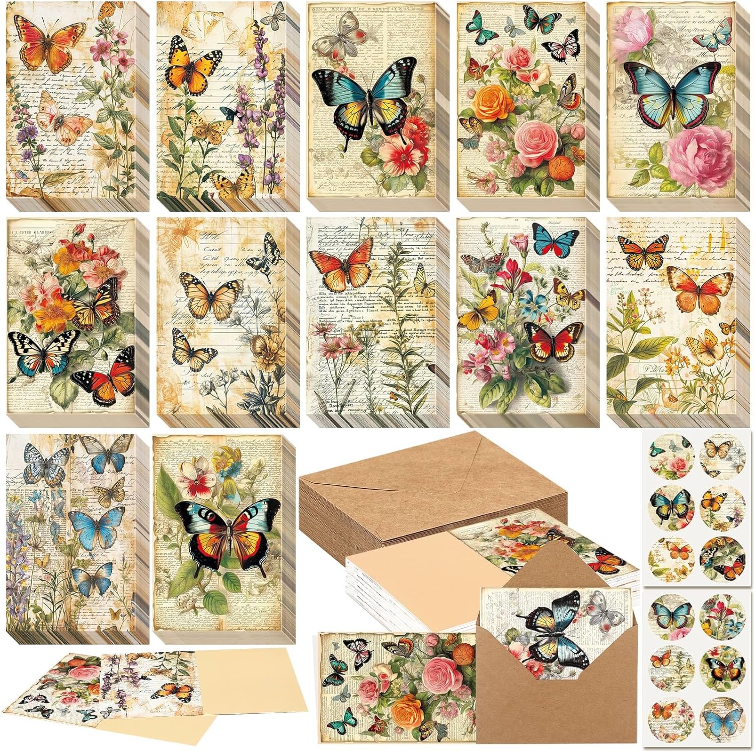 Motiskyy 72 Pack Vinatge Butterfly Greeting Cards Bulk with 72 Pcs Retro Rustic Farmhouse Envelopes 72 Pcs Stickers, 4 x 6 Inch Vinatge Blank Inside Postcards Bulk for Baby Shower DIY Card Paper Gift