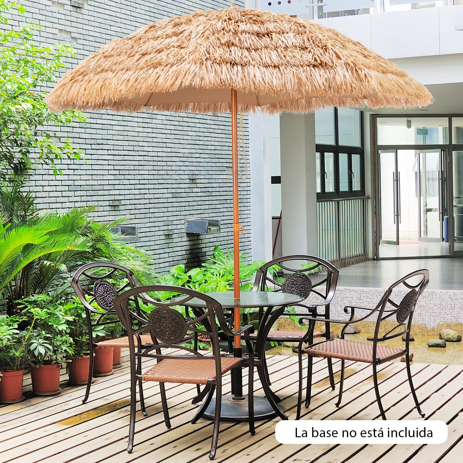 COSTWAY Sombrilla playa, Sombrilla Terraza Exterior con Apariencia de Paja y 8 Costillas, Sombrilla de Playa Inclinable y Plegable para Jardín, Parasol Exterior sin Base