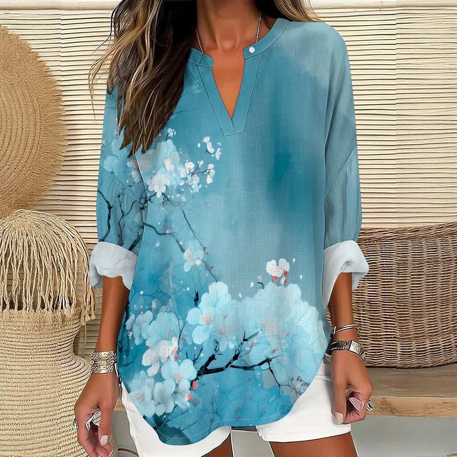 Boho Floral Shirts for Women V Neck Long Sleeve Blouse Vintage Elegant Printed Dressy Casual Loose Fit Tunic Tops - Image 2