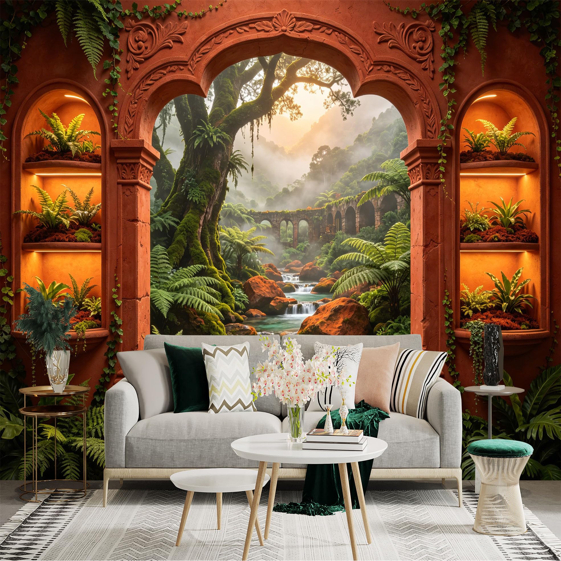 Custom Size Wall Sticker Mural， Tropical Jungle Waterfall with Stone Bridge and Green Ferns， for wall Decoration， peelandstick wall Decals.