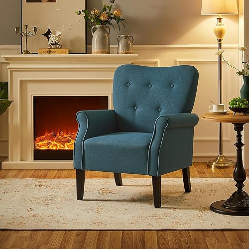 Miniatura 4 de Topeakmart Silla decorativa de tela, sillón moderno de poliéster con patas de madera, respaldo alto y cómodo asiento acolchado para sala de estar,