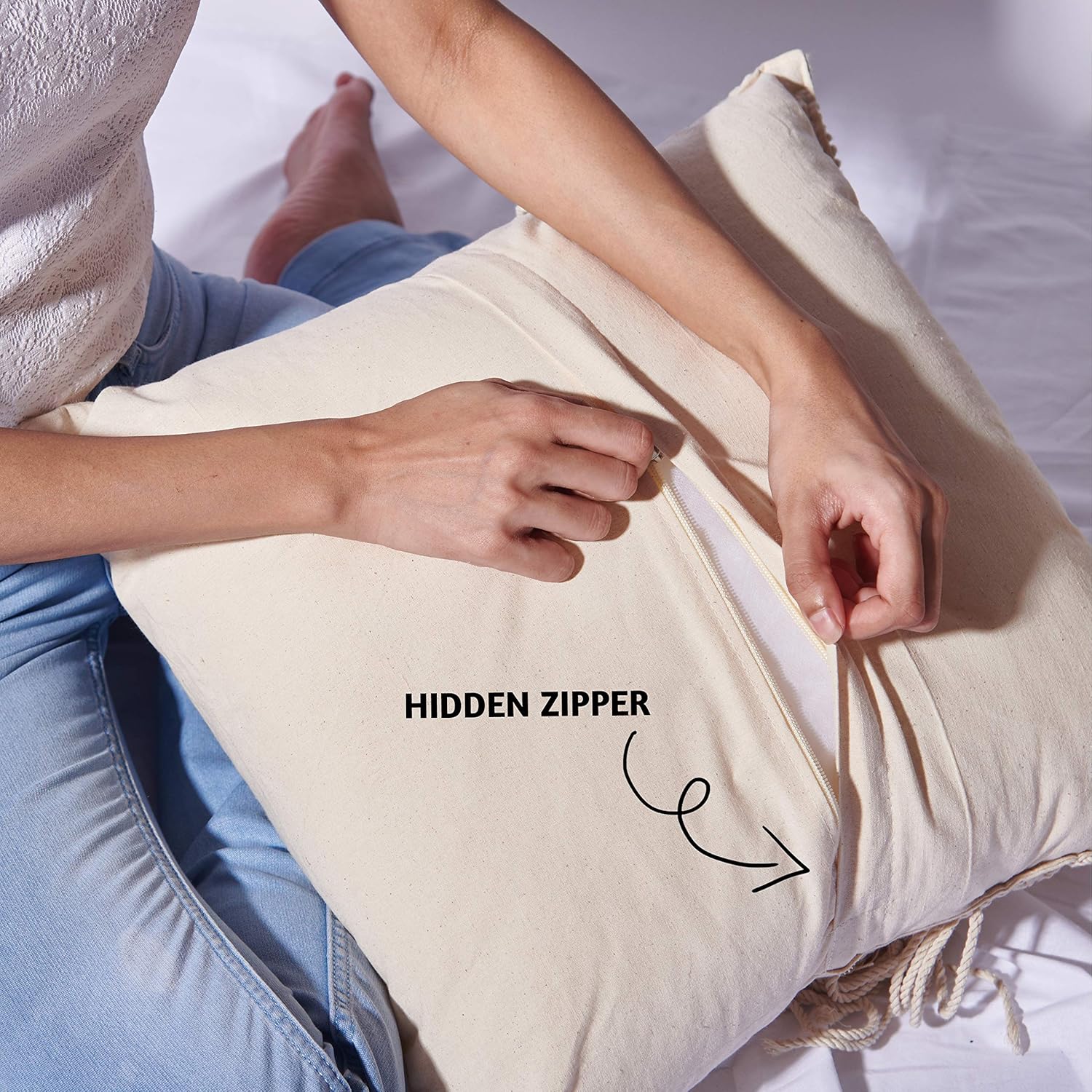 Folkulture Boho Throw Pillow Covers 18X18, Macrame Decorative Pillow Covers, Modern Farmhouse Bohemian Pillowcases for Bed, Couch or Sofa, Set of 2 Farmhouse Pillow Covers with Tassels, Natural White - Image 4