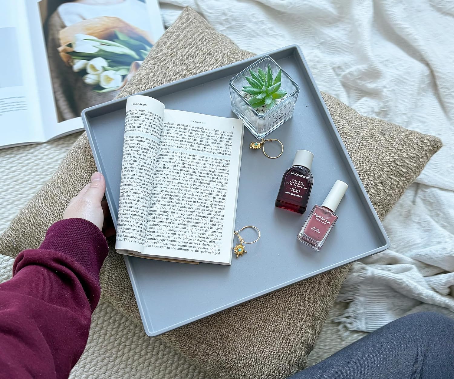 Versatile 11 Inch Gray Square Tray, Organization | Multi-Purpose Tray for Ottoman, Coffee Table, Dresser, Bathroom Countertop & Kitchen | Organizer for Makeup, Jewelry, Remote & Snacks