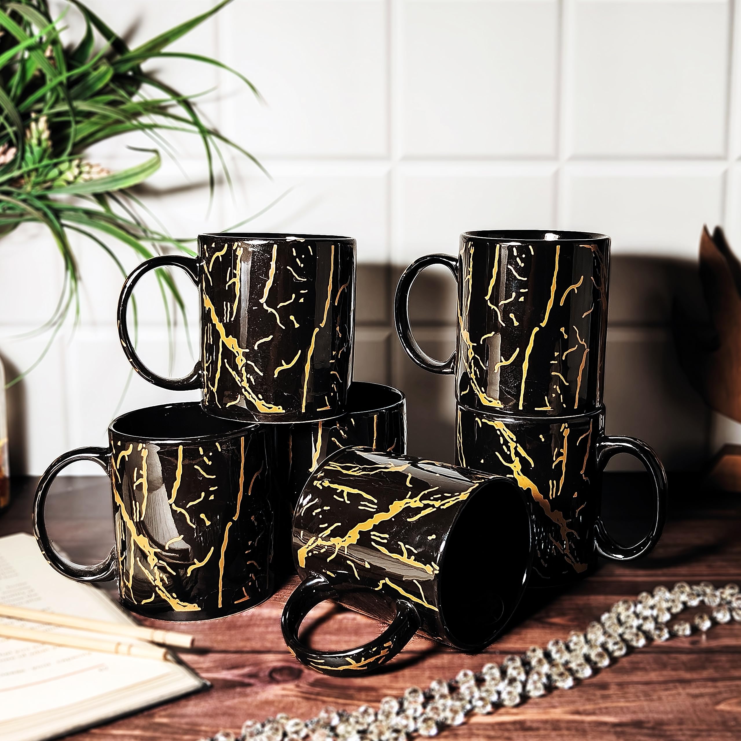 THE MOON STORE Handprinted Black Copper Pipe Premium Ceramic Mugs | Microwave Safe for Tea & Coffee | Best Gift to Friends (Set of 6)