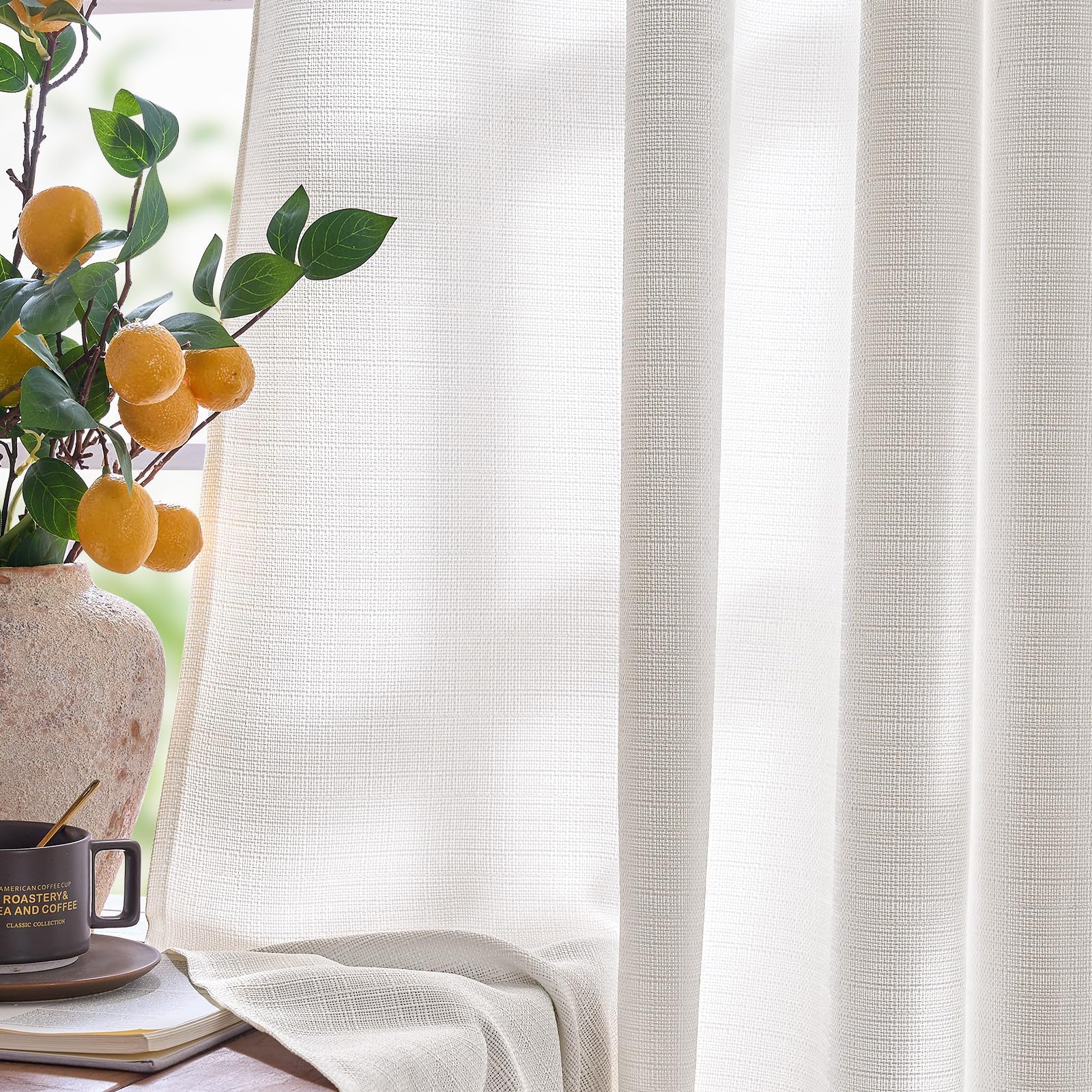 White Linen Textured Curtains 84 Inches Long 2 Panels Sets for Living Room Grommet Top Light Filtering Window Drapes for Bedroom