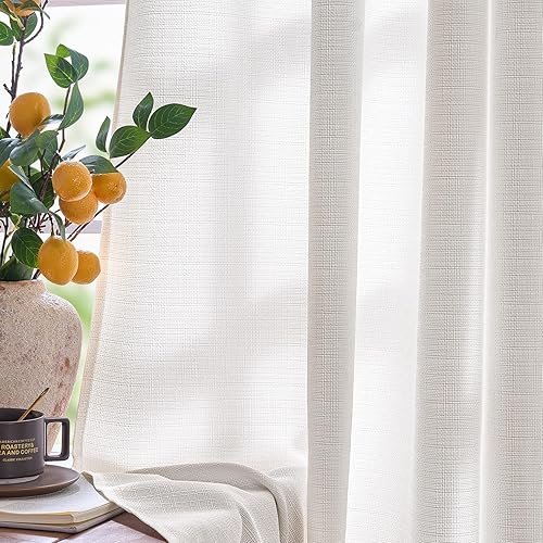 jinchan Curtains Linen Textured Casual Weave Curtain for Living Room 84 Inches Long Grommet Top Light Filtering Window Drapes Panels for Bedroom White 2 Panels Curtains