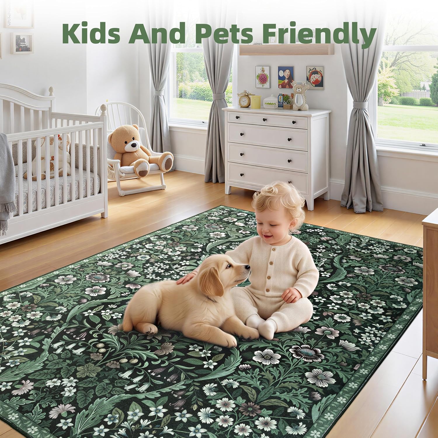 5x7 Dark Green Washable Area Rug, Boho Floral Rugs for Living Room Bedroom, Non-Slip Low-Pile Stain Resistant Botanical Carpet, Foldable Farmhouse Floor Carpet for Dining Room Office