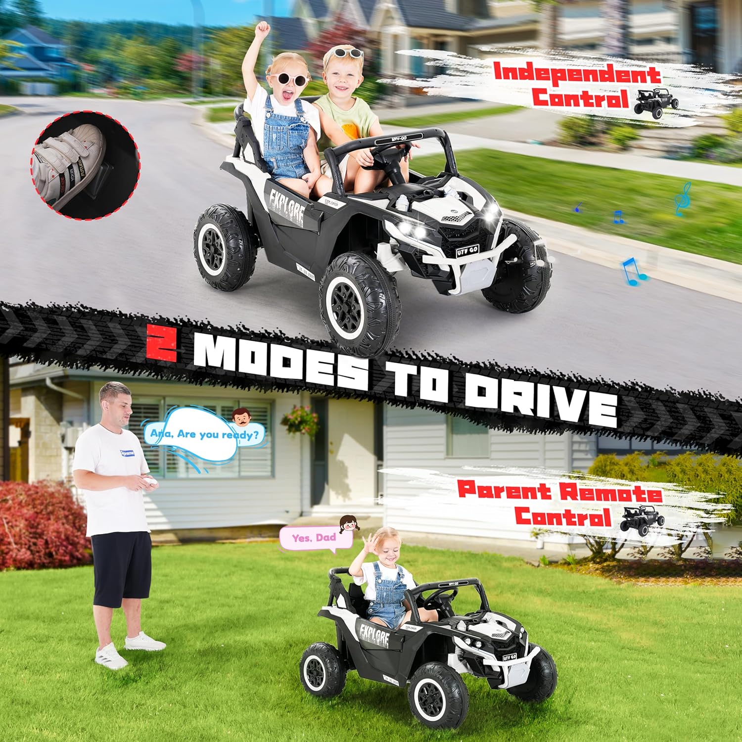 Image illustrating the two driving modes: independent child control with foot pedal and steering wheel, and parent remote control.