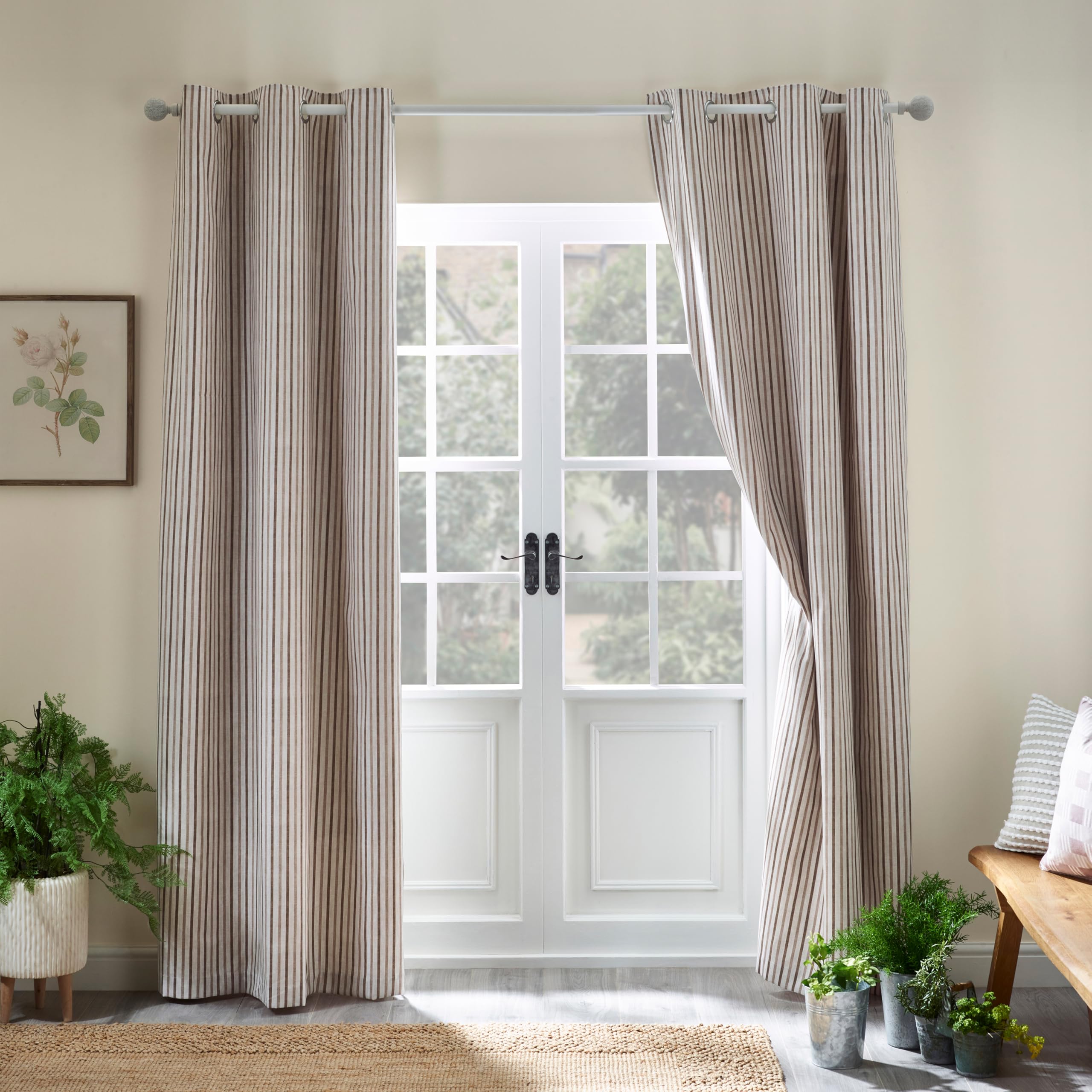 Rackhams Light Logan Stripe Lined Eyelet Curtains Natural - 90X90 Inch - Natural