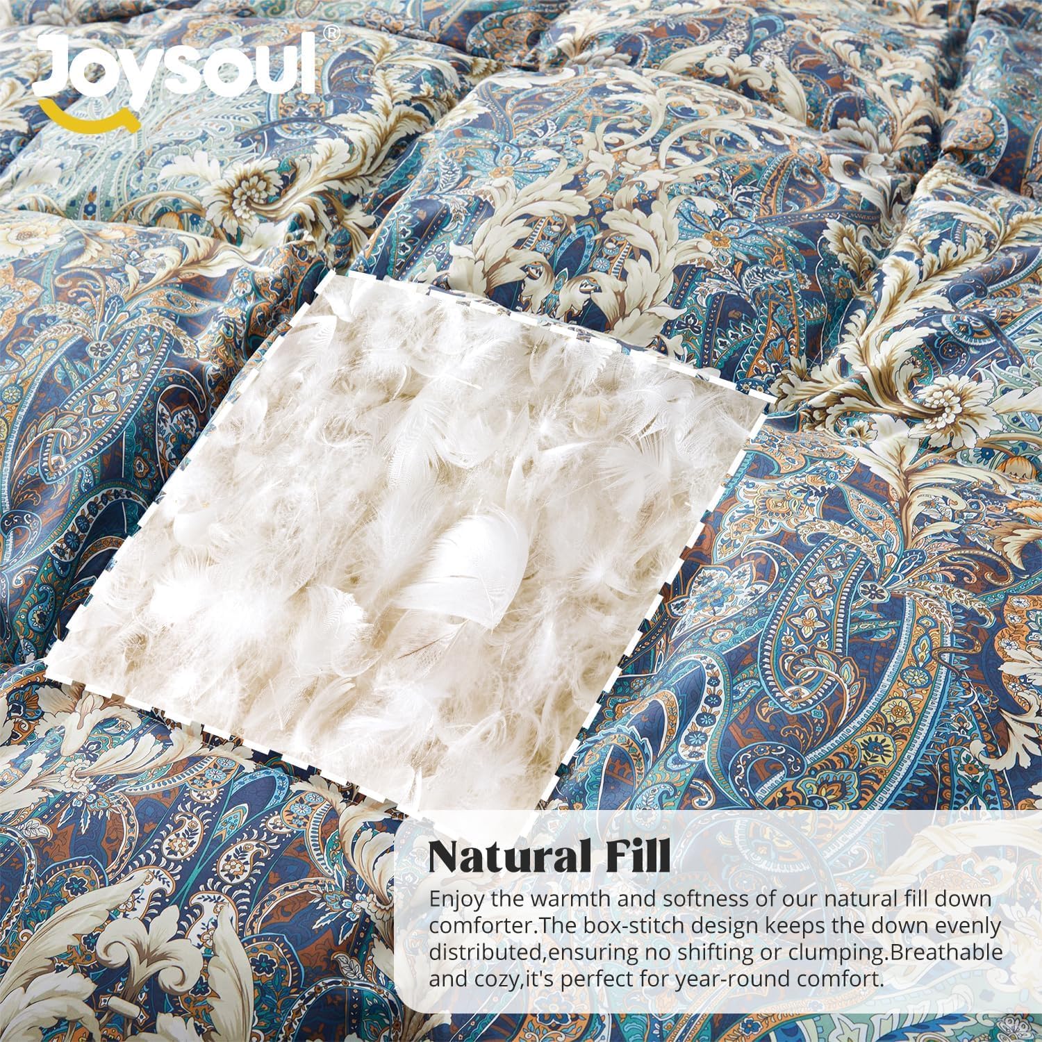 Joysoul King Size Down Comforter with Paisley Floral- All Season Ultra Soft Goose Feather Fiber, Luxury Vintage House Collection Down Duvet Insert with 8 Corner Tabs (104" X 88")