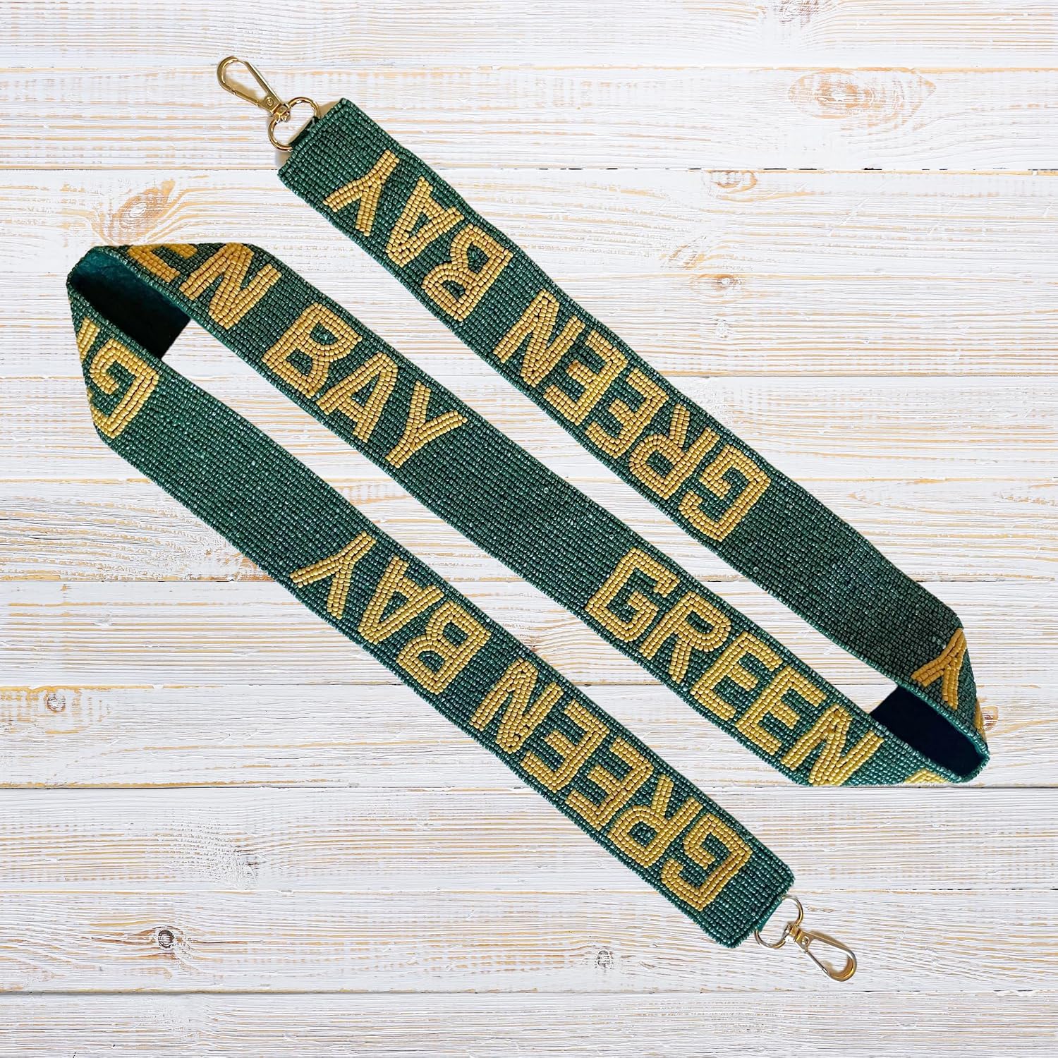 Lashicorn Green Bay Beaded Purse Strap Yellow Letters 49” Pro Football Stadium Approved Clear Bag Gold Hardware Sports College Cheese Wisconsin