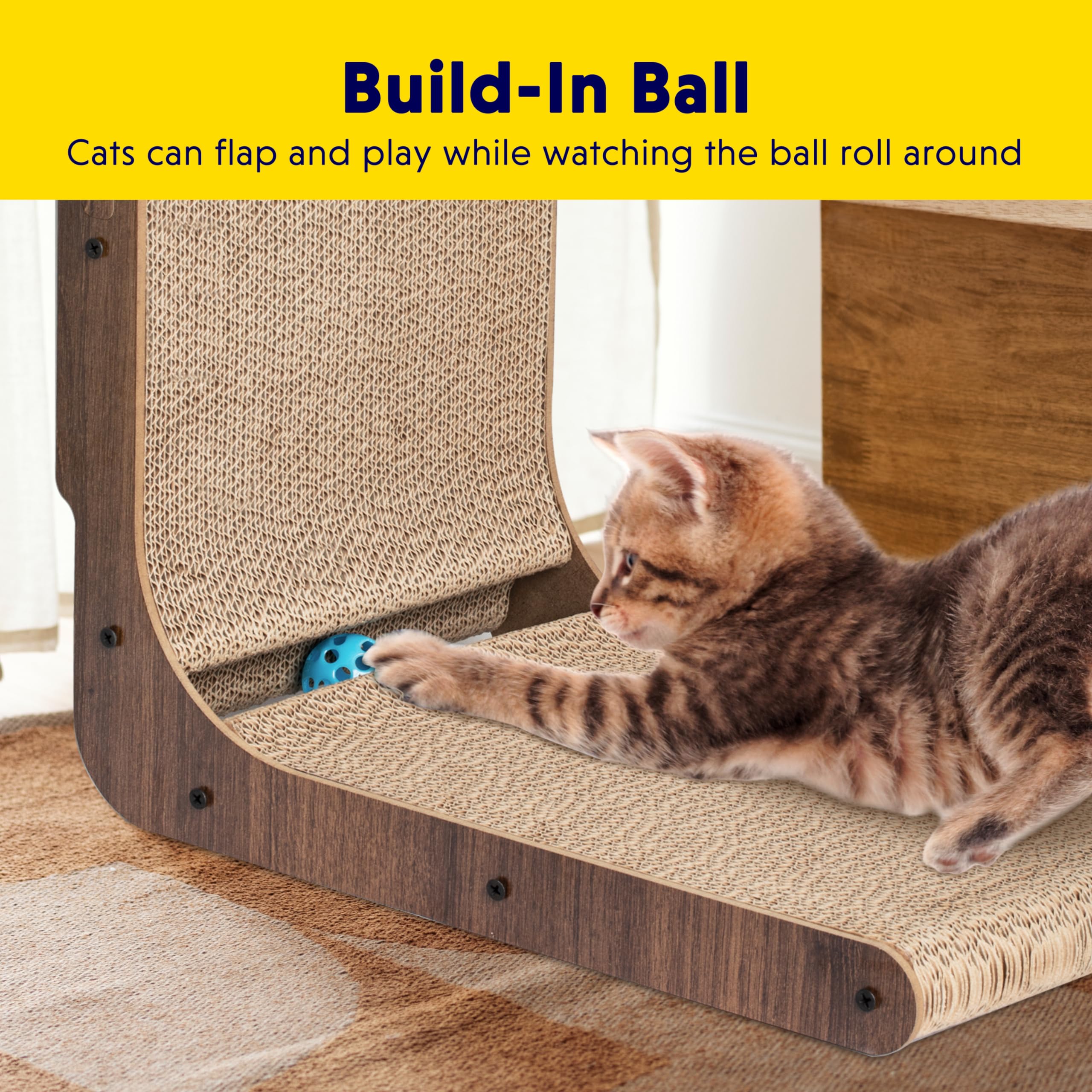 Fluffydream Katzenkratzer mit Katzenspielzeug Kugelbahn Eingebauter Ball L-förmiger Kratzbaum Karton Lounge Bett Stabil und Langlebig Möbelschutz Wendbar