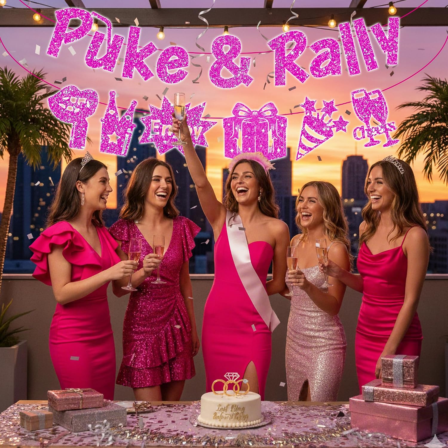 Puke and Rally Party Decorations Banner - Glitter Decoration with Banners Garland for Women, Funny Party Supplies for Bachelorette Birthday Wedding