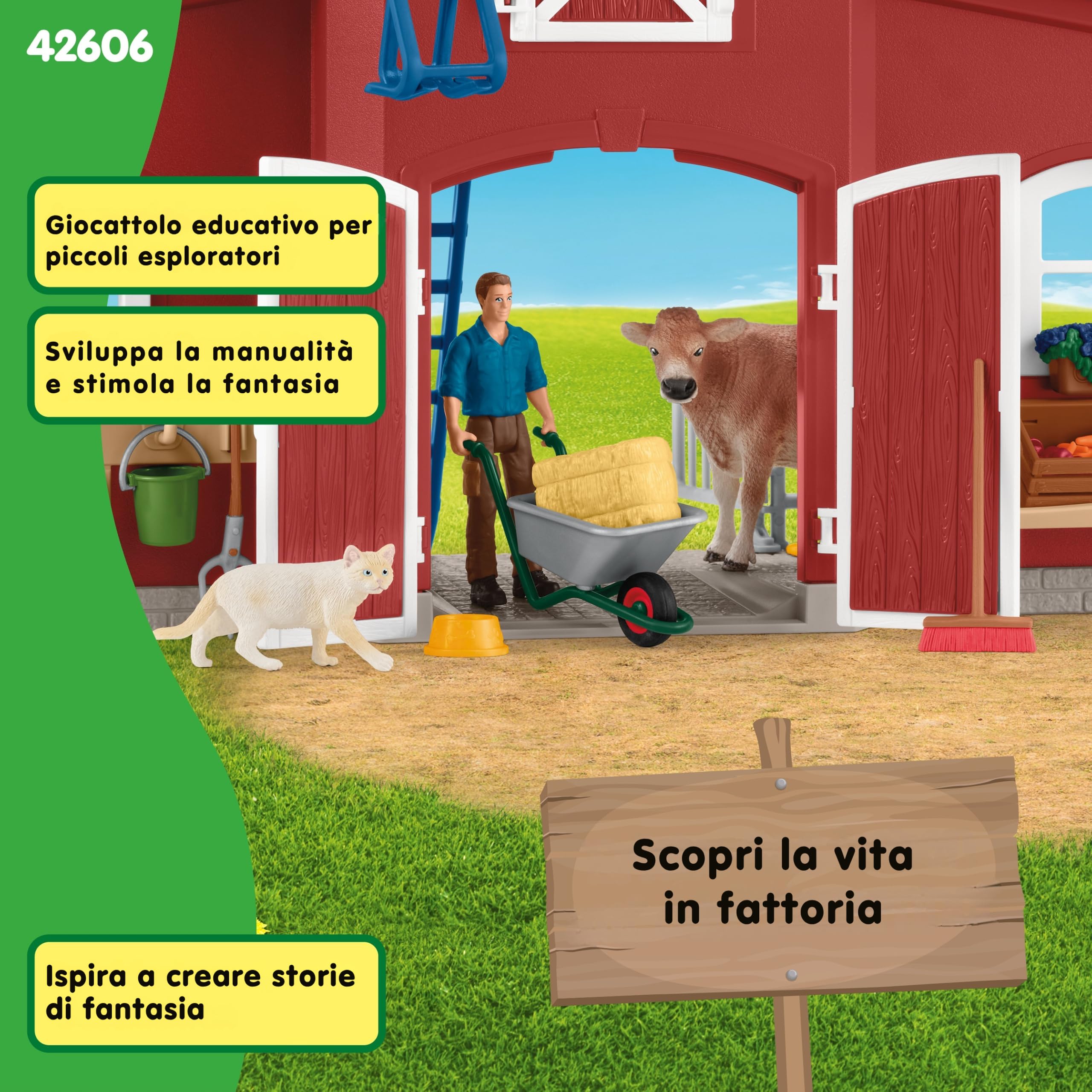 Schleich FARM WORLD | Grande fattoria rossa con casa colonica 42606 | Set con casa, contadino, mucca, maiale, gatto, topo e accessori | fattoria giocattolo per bambini dai 3 anni | 92 pezzi
