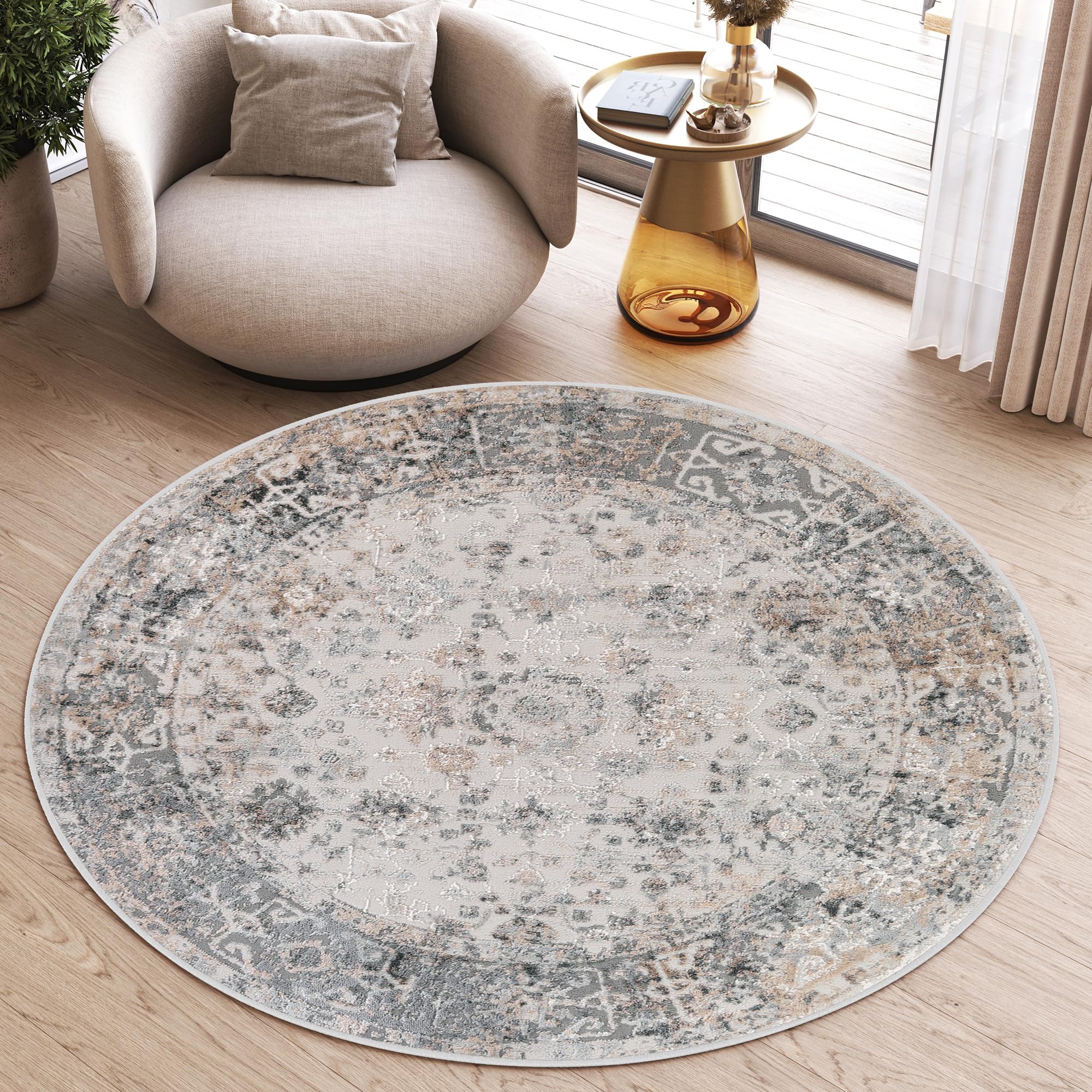 TAPISO Valley Redonda Alfombra Pelo Corto Brillante Suave Clásica Vintage Moderna Beige Gris Crema Alfombra de Salón Dormitorio Habitación Oeko-Tex 80 x 80 cm OEKO-TEX STANDARD 100