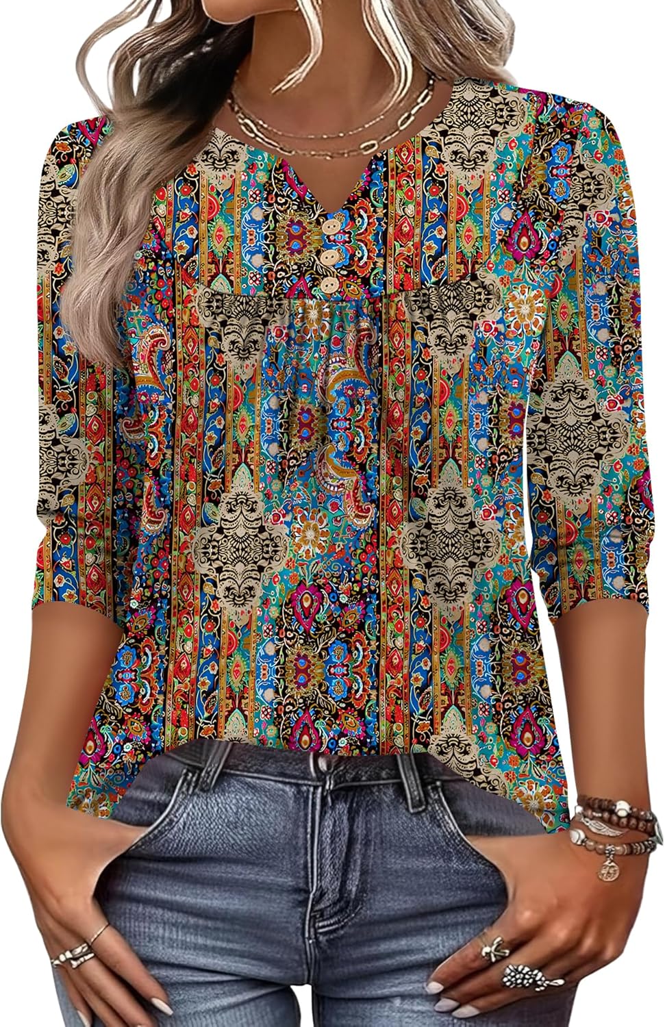 LOMON 3/4 Length Sleeve Womens Tops Dressy Casual Henley V Neck Blouses Loose Fit Tunics 2026 Trendy Summer Outfits