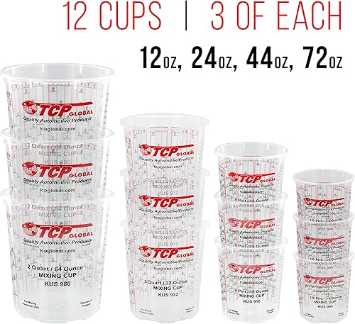 Miniatura 2 de Pouring Masters Kit de taza de mezcla de pintura, 12 vasos de pintura de plástico (3 de cada tamaño 12, 24, 44, 72 onzas), palos, coladores, paños