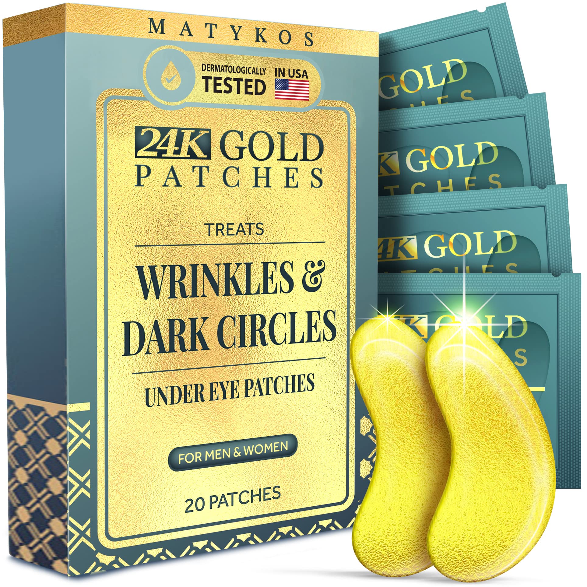 Matykos Under Eye Wrinkle Patches for Face - 24K Gold, Collagen, Hyaluronic Acid and Vitamin A Skin Pads for Wrinkles, Fine Lines and Dark Circles -