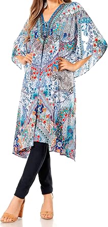 Sakkas Zeni Womens Short Sleeve V-Neck Summer Floral Print Caftan Dress Cover-up