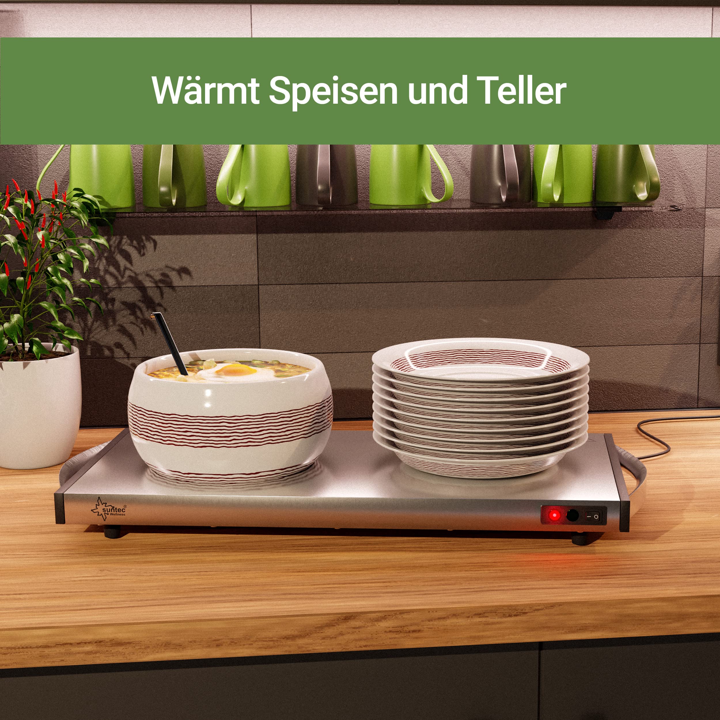 SUNTEC Warmhalteplatte aus Edelstahl – Elektrisch und kabellos – Essen warm auf dem Teller servieren – Zum Warmhalten von Speisen wie z.B. Suppe – Gastro Buffet Speisenwärmer – WHP-7086 cordless prime
