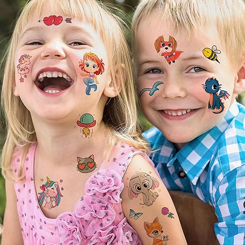 Miniatura 2 de FANRUI 60 Sheets 500+ Patterns Cartoon Temporary Tattoos For Kids Girls, Groovy Cute Mermaid Unicorn Dinosaur Butterfly Temp Fake Tattoo Stickers,