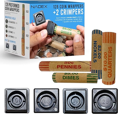Nadex 128 envoltorios surtidos de rollos de monedas prensados preformados con herramienta de prensado de envoltura de monedas, 32 de cada uno de