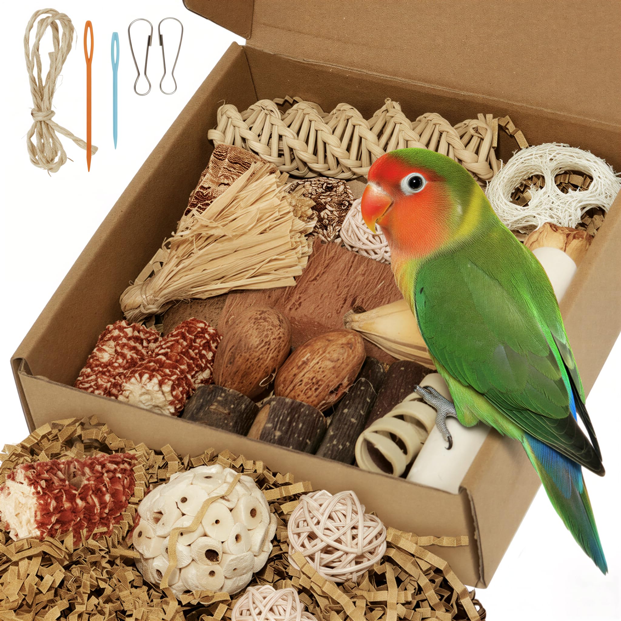 Juguetes para pájaros, caja de forraje natural para loros, juguetes para periquitos, cuerda colgante para cacatúas, conures, pájaros amorosos y otros accesorios de jaula de pájaros pequeños a