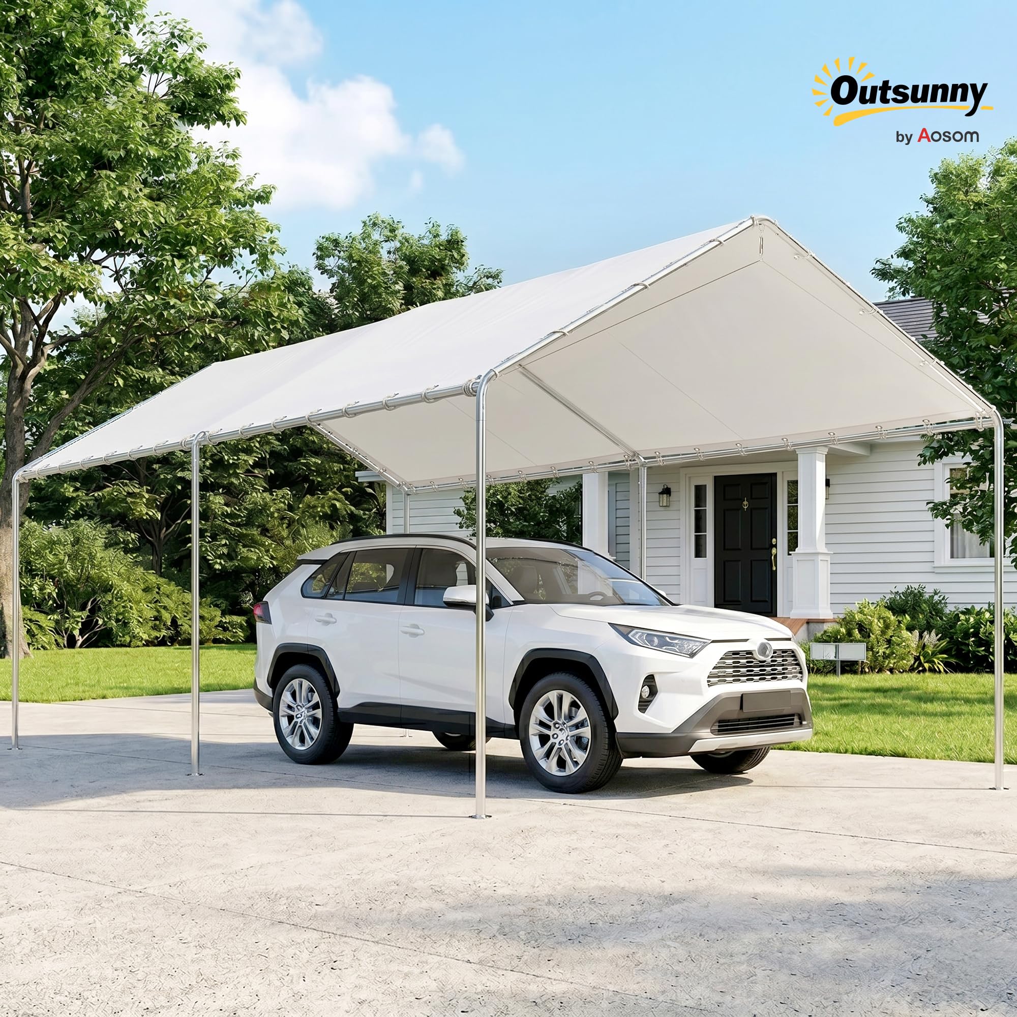 Outsunny Gazebo Copertura per Auto 6x3m Acciaio Zincato Bianco