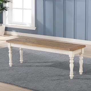 Roundhill Furniture Prato Two-Tone Distressed Oak Dining Bench, Antique White - Rustic Solid Wood Seating
