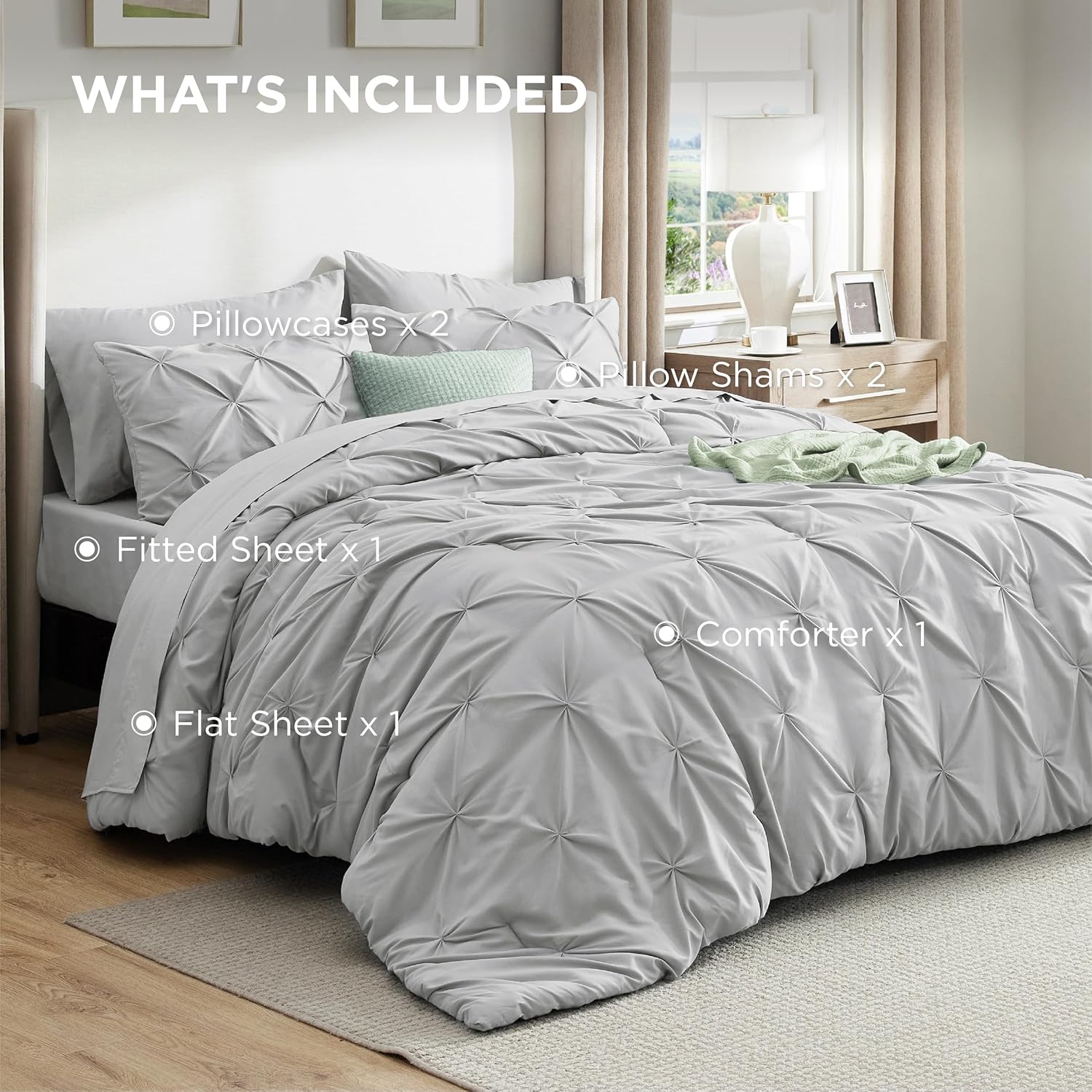 Bedsure Queen Comforter Set Light Grey - Bed in a Bag Queen Size Bedding 7 Pieces, GentleSoft™ Pintuck Bed Set Gift for Family, Pinch Pleat All Season Comforter with Sheets, Pillowcases & Shams - Image 9