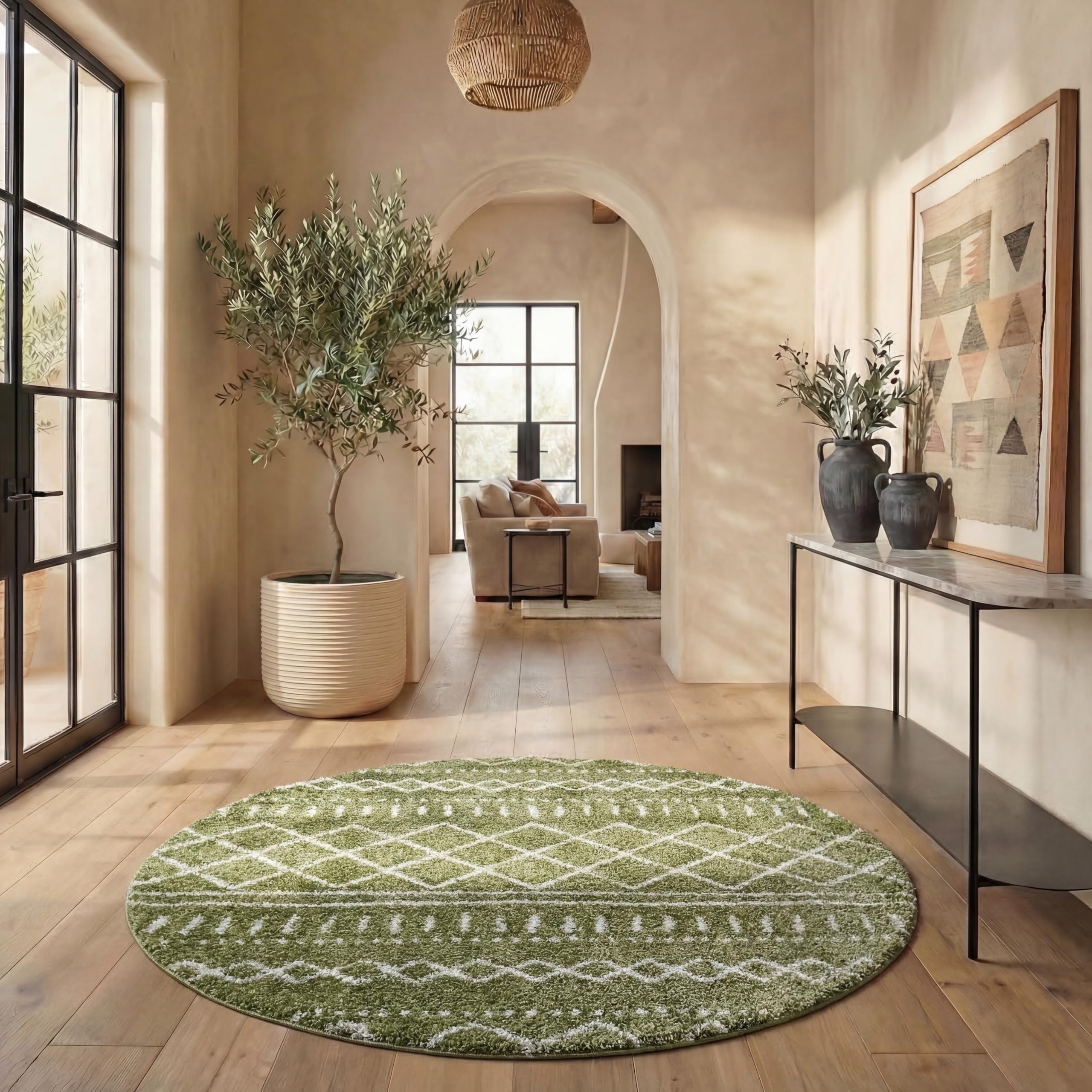 SAFAVIEH Arizona Shag Collection Area Rug - 5'1" Round, Green &amp; Ivory, Moroccan Boho Design, Non-Shedding &amp; Easy to Clean, Ideal for Living Room, Bedroom, Dining Space (ASG741X)