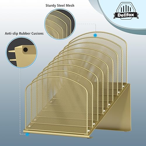 Vista 13 de Organizador de archivos de escritorio inclinado, soporte vertical de 5 secciones, soporte de metal clasificador de archivos para oficina y aula