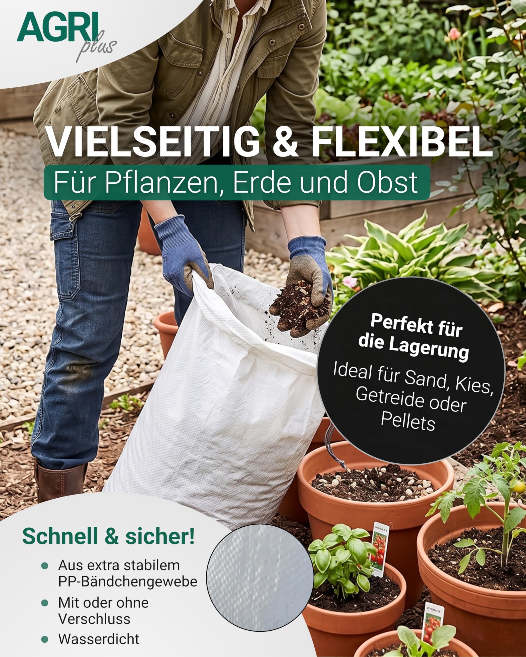 AGRIplus Gewebesäcke 100 Stück I 650 x 1350 mm I Bändchengewebesäcke aus Polypropylen I Säcke mit stabilem Boden & 75 kg Volumen I Vielseitig einsetzbar für Bau & Garten