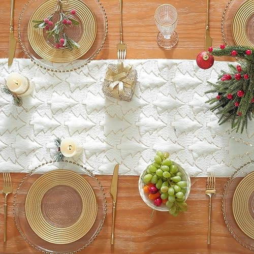 Miniatura 8 de Camino de mesa para árbol de Navidad, 90 pulgadas de largo, felpa con lentejuelas doradas con purpurina para comedor, fiestas, decoraciones de