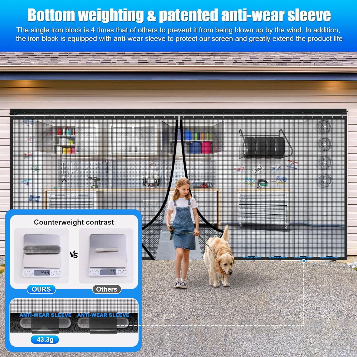 Sliding Garage Door Screen 8x7FT for 1 Car Garage Doors, Magnetic Garage Screen Door with Track Closure, Thicker 265g/㎡ Mesh, 8x7Ft Retractable Garage Door Screen(Patent has Been published)