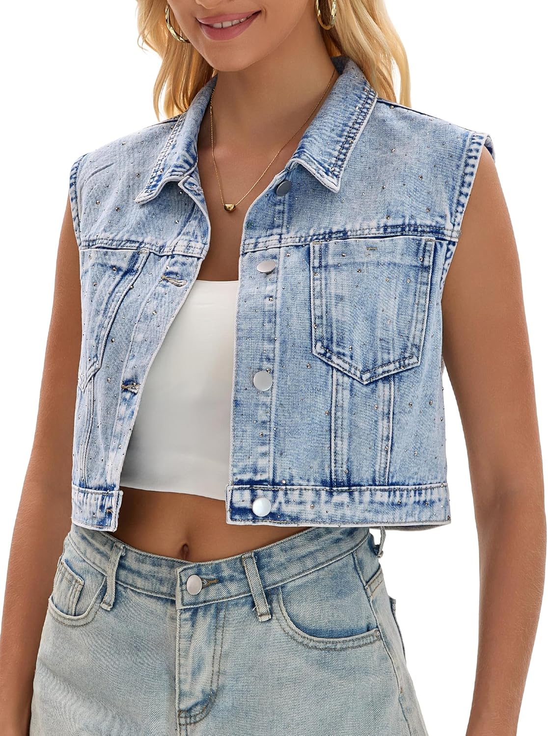 Women's Denim Vest Button Down Jacket Washed Rhinestones Sleeveless Jean Jacket