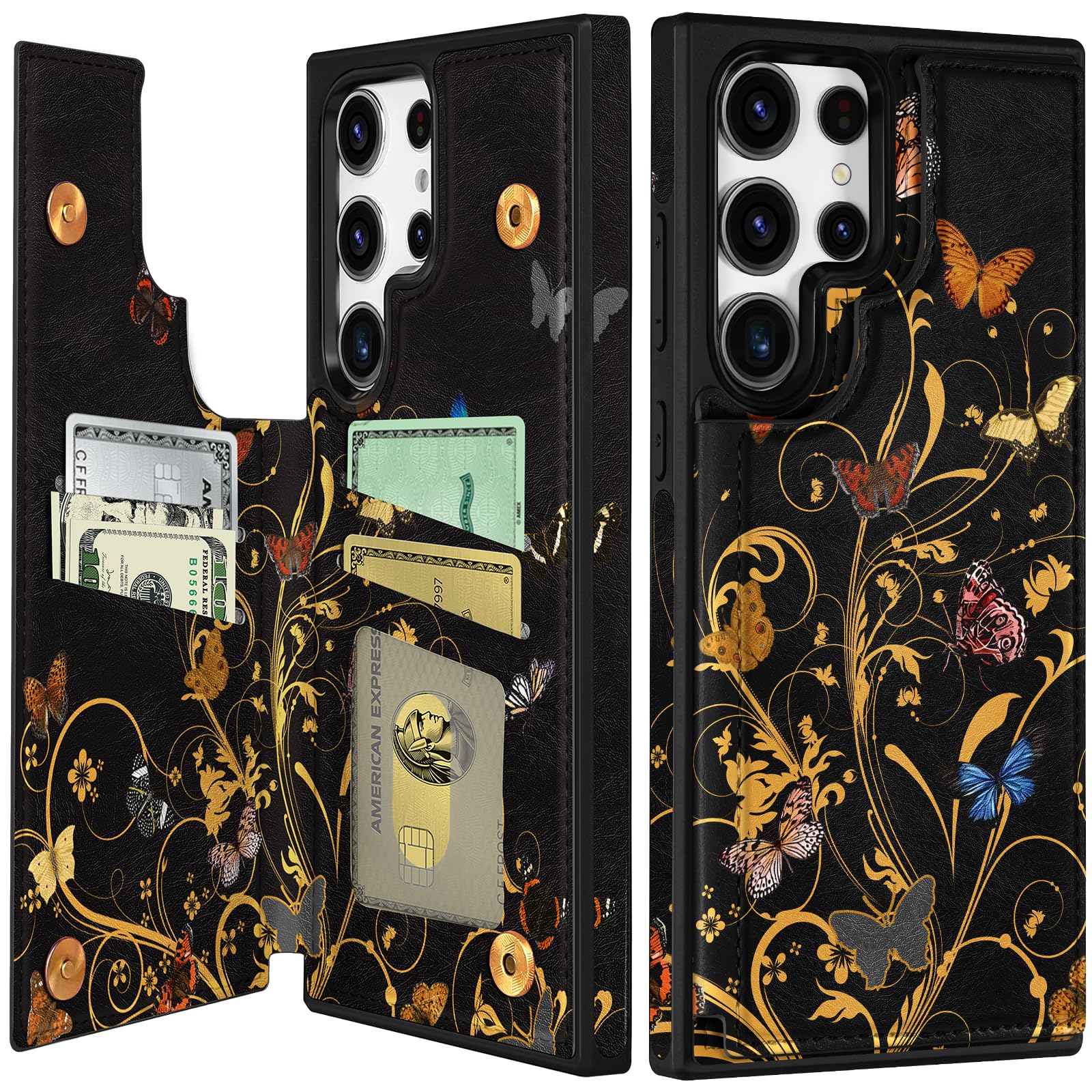 Shorogyt for Samsung Galaxy S22 Ultra Wallet Case with Card Holder - Designer Golden Butterfly Pattern Kickstand Magnetic Clasp Back Flip Folio