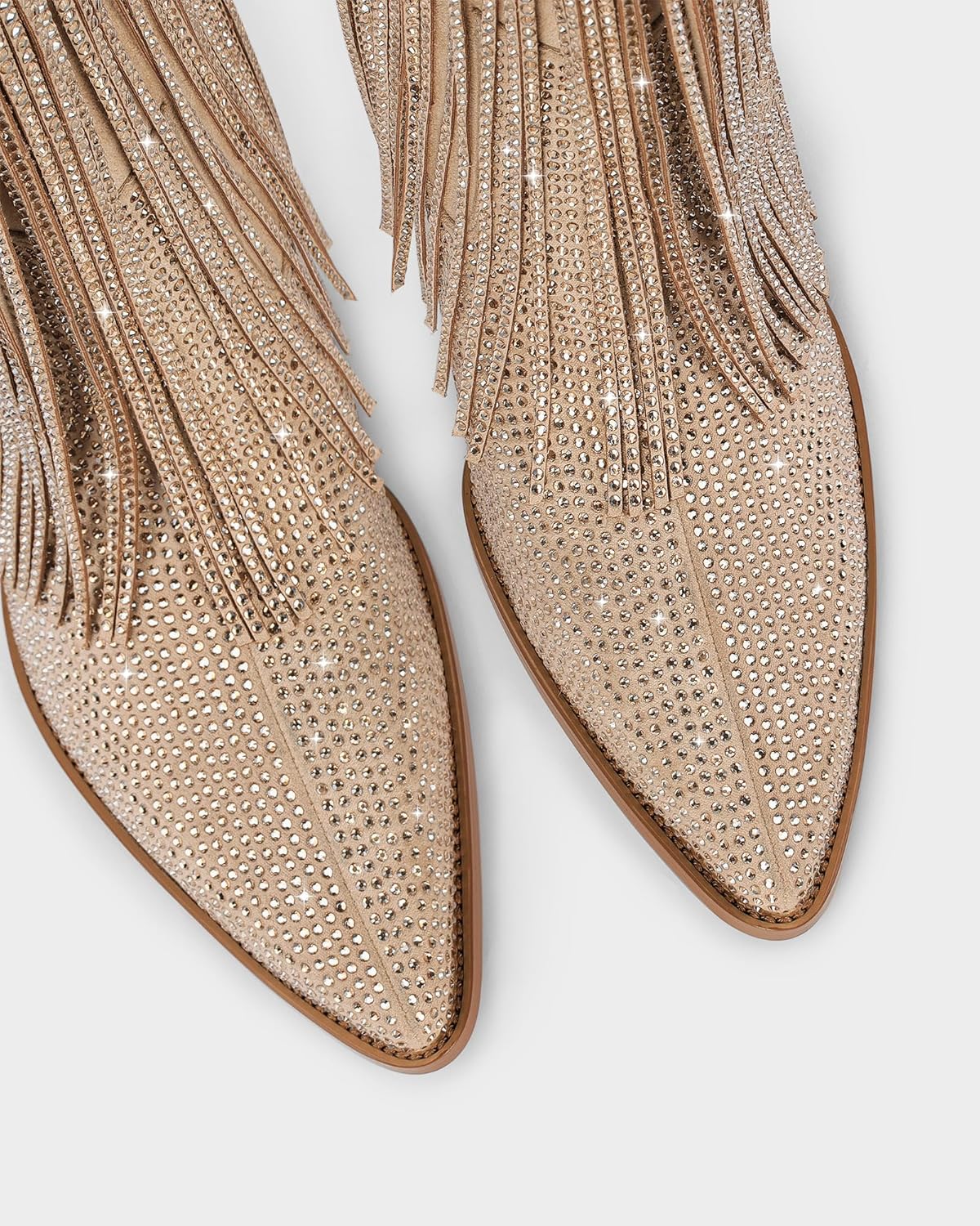 Ouepiano Cowboy Boots for Women - Cowgirl Rhinestone Boots with Sparkly Fringe Pointed Toe Western Boot Chunky Heel Pull-On Wide Calf Botas Vaqueras - Image 6