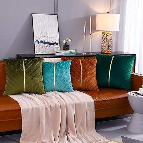 Miniatura 8 de Tosleo Juego de 2 fundas de almohada de terciopelo verde aguamarina de 18 x 18 pulgadas con cuero dorado, fundas de almohada decorativas modernas de