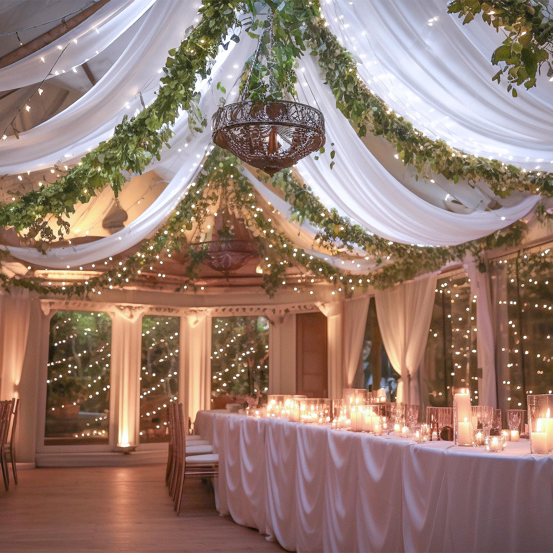 6 Panels White Ceiling Drapes with Lights for Weddings Drapes 5ftx30ft Wedding Draping Fabric Sheer Curtains Tulle Ceiling Drapery Wedding Decorations for Home Party Ceremony Stage Swag