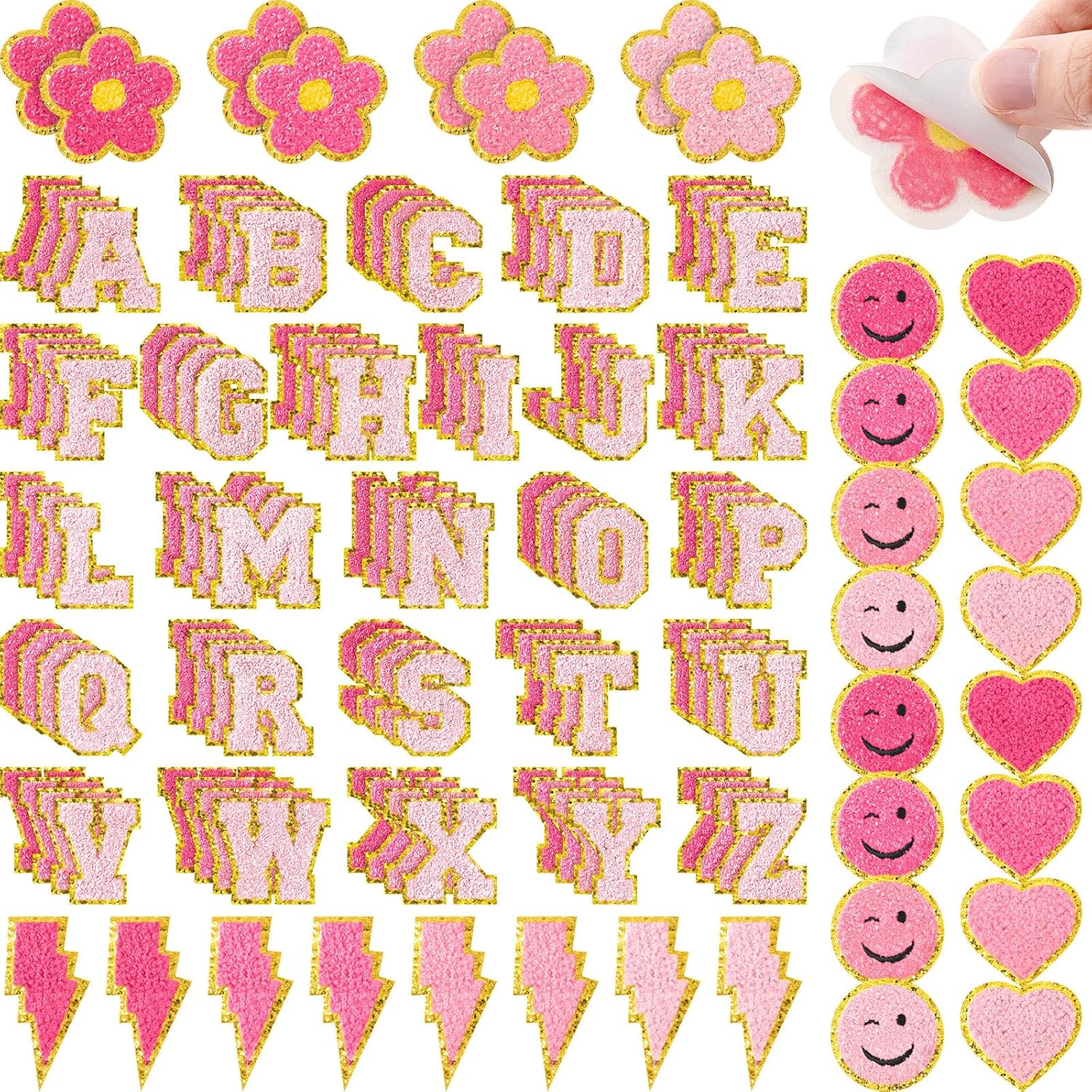 Hanaive 136 Pcs Chenille Letter Patches Self Adhesive Stickers for DIY Cute Smile Face Heart Rainbow Patches for Clothing Backpacks Bags Jackets Hat Decoration(Cute Style,Pink Color)