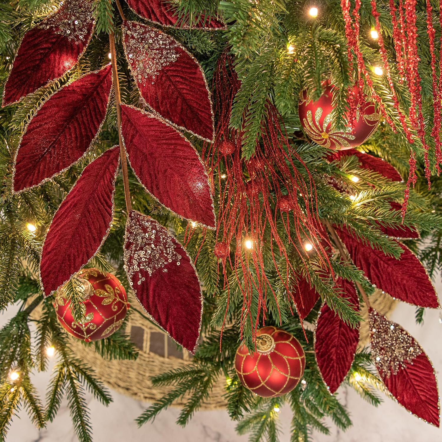 KI Store Burgundy Christmas Picks Spray Set of 6 Christmas Leaf Floral Stem for Christmas Tree Decoration Bouquet Tree Topper Flower Arrangement Decor