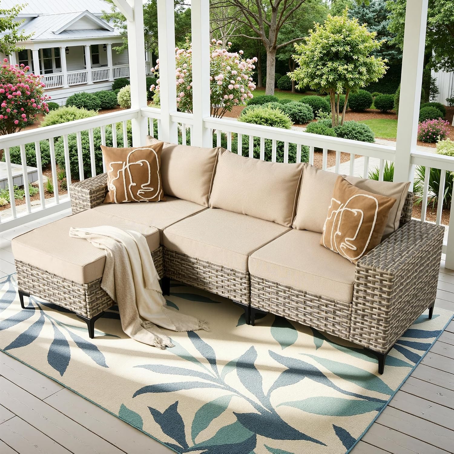 Patio Furniture Set, 4 Pieces Outdoor Wicker Conversation Sets with Coffee Table Outdoor Sectional Sofa for Balcony Backyard Poolside Garden Lawn (Beige)