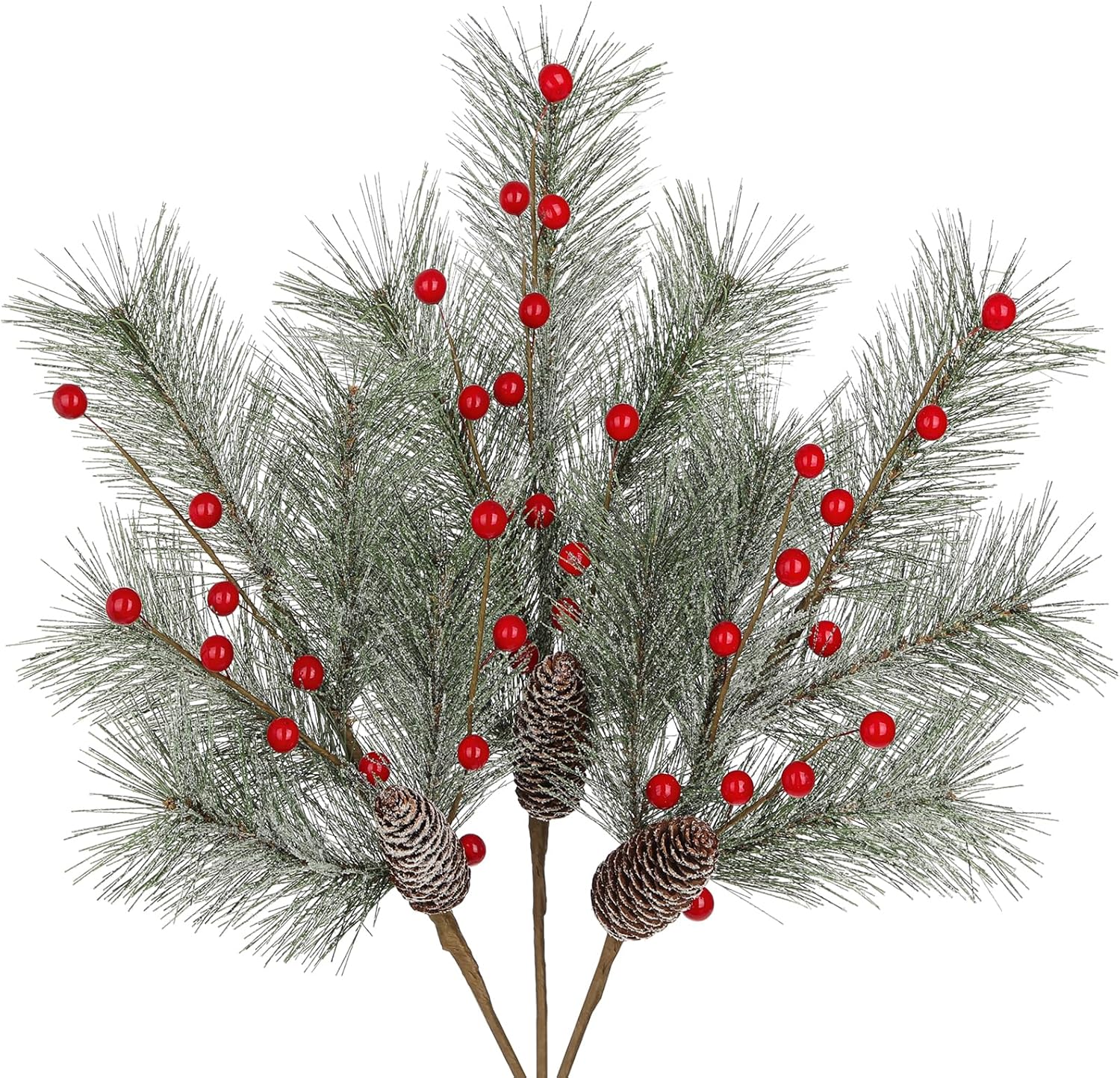 Oairse 3 Pcs Christmas Artificial Pine Branches 18.9 inch Pine Needles Stems Christmas Greenery Picks with Red Berries Pinecones Picks Spray Xmas Tree Branches for Xmas Vase DIY Craft Holiday Decor