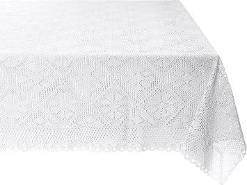 Violet Linen Stars Crochet Vintage Lace Design Tablecloth 60" by 90" Oblong/Rectangle White